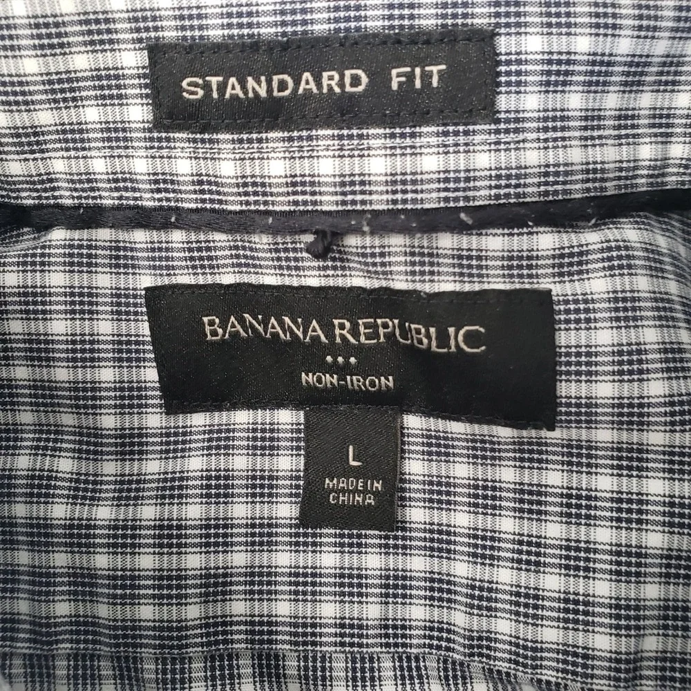Banana Republic Mens L Non Iron Standard Fit Shirt Navy White Micro Check Office